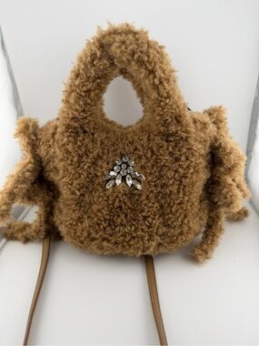Brand New Simone Rocha “Baby Egg” Shearling Crossbody Bag with Crystal Brooch